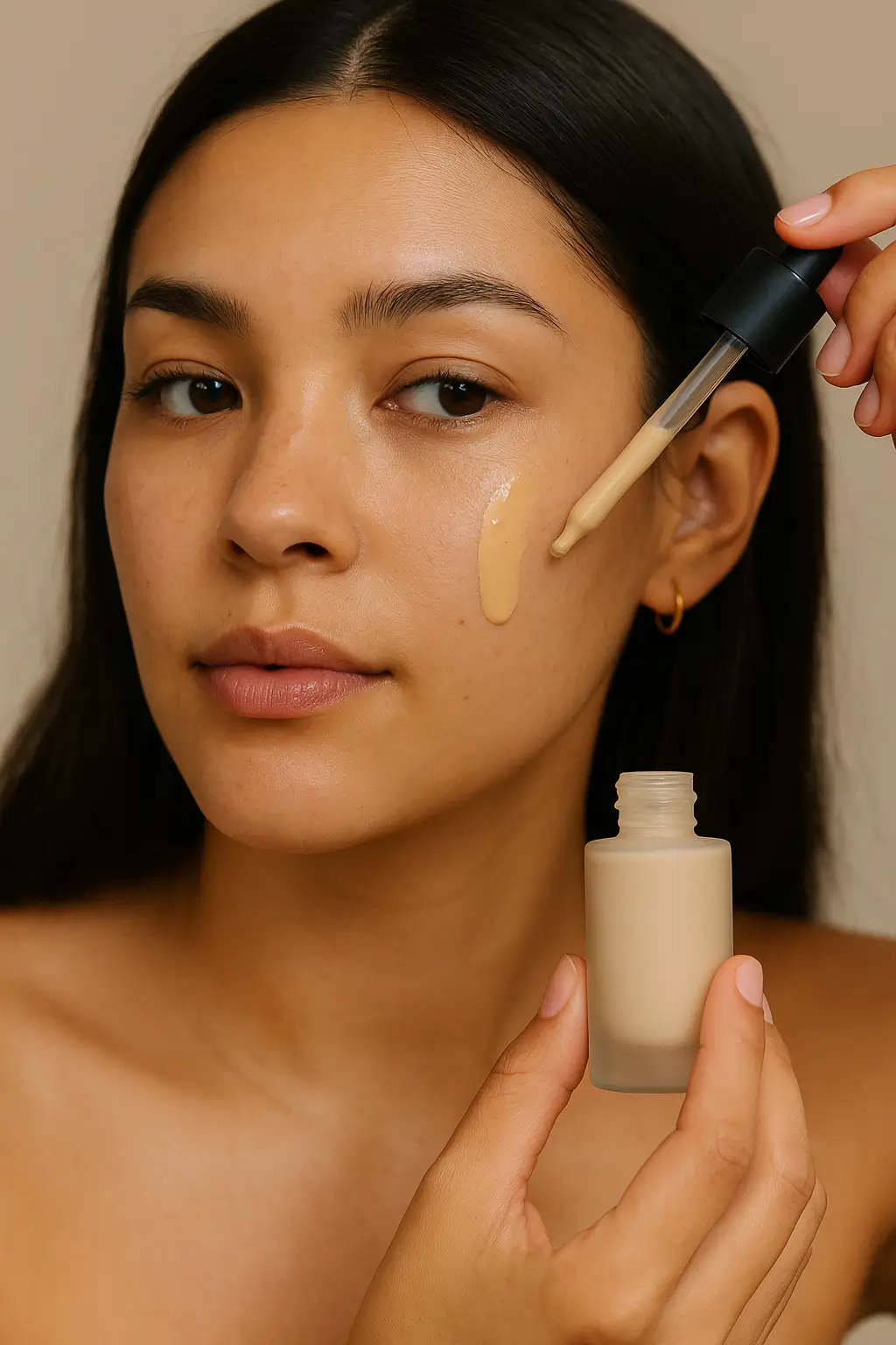 Applying Skin Tint with Precision (1) Woman with naturally glowing skin applying lightweight skin tint foundation with a makeup brush.