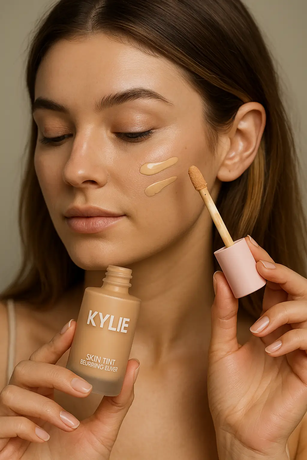 Flawless Glow with Kylie Cosmetics Woman applying Kylie Cosmetics Blurring Elixir Skin Tint with applicator