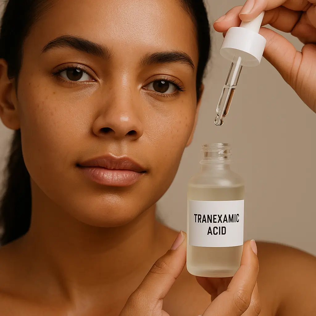 Radiant Glow and Skincare Essentials Woman applying tranexamic acid serum for clear skin