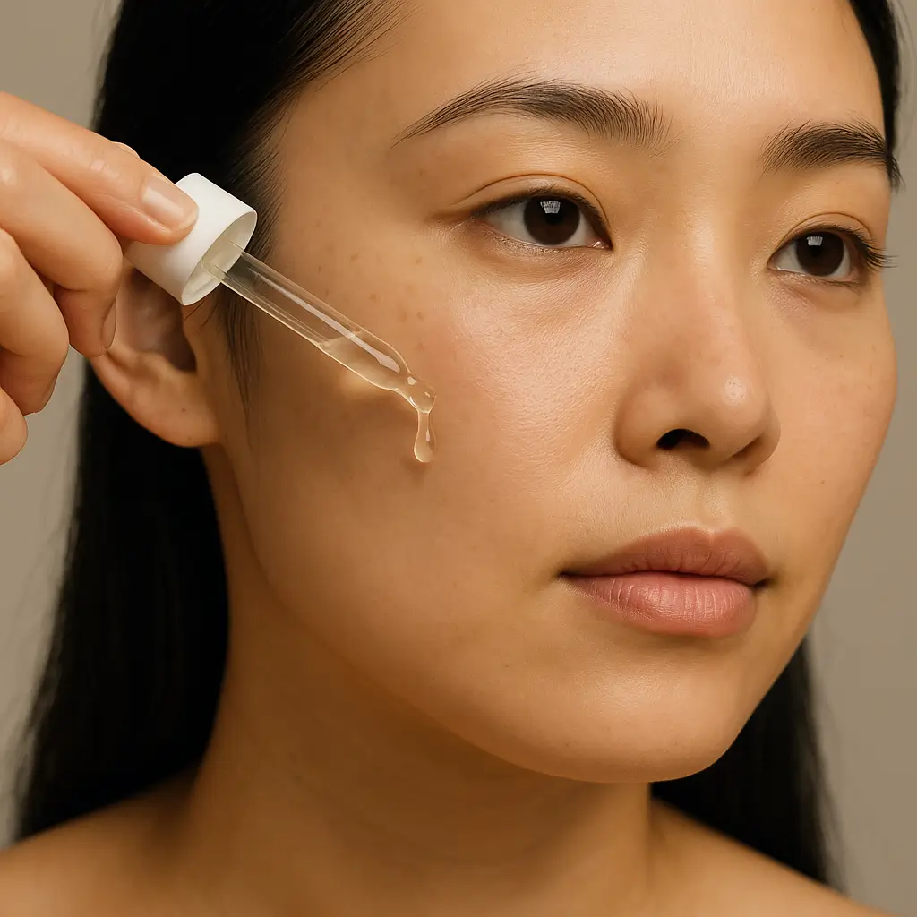 Serene Skincare Moment (1) Woman applying PDRN serum to cheek for healthy glass skin