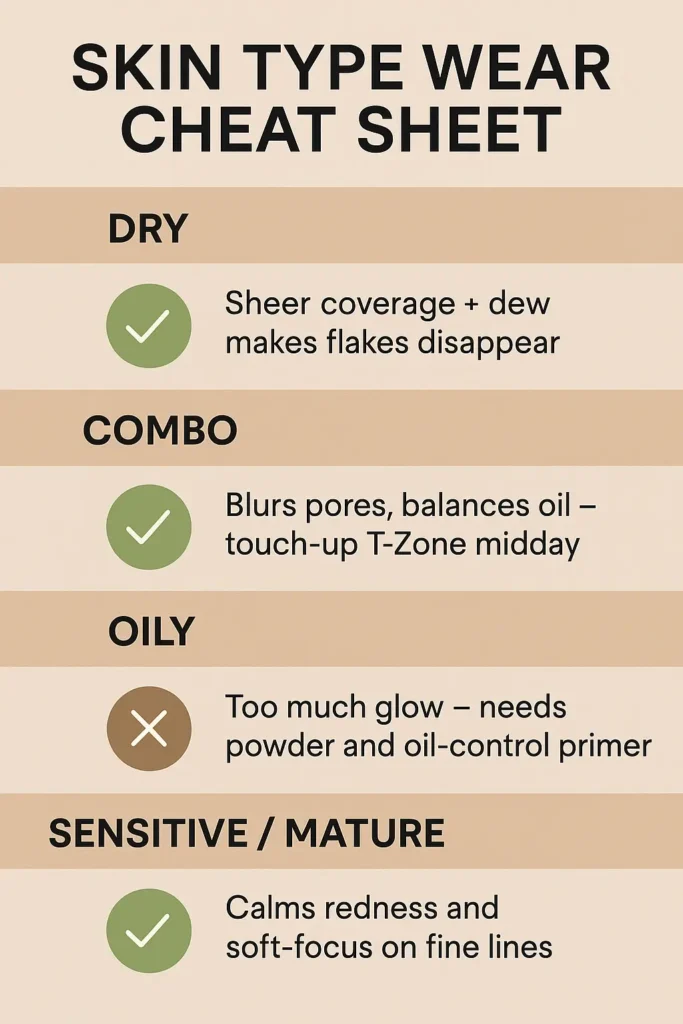 Infographic showing recommended skin tints and tips for dry, combination, oily, acne-prone, and mature skin types.