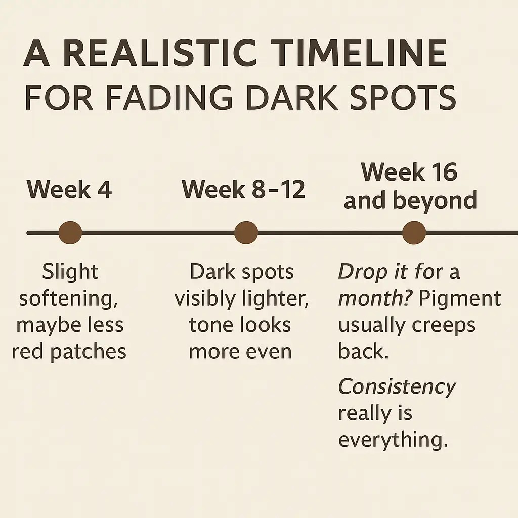 Timeline showing fading of dark spots with tranexamic acid week by week
