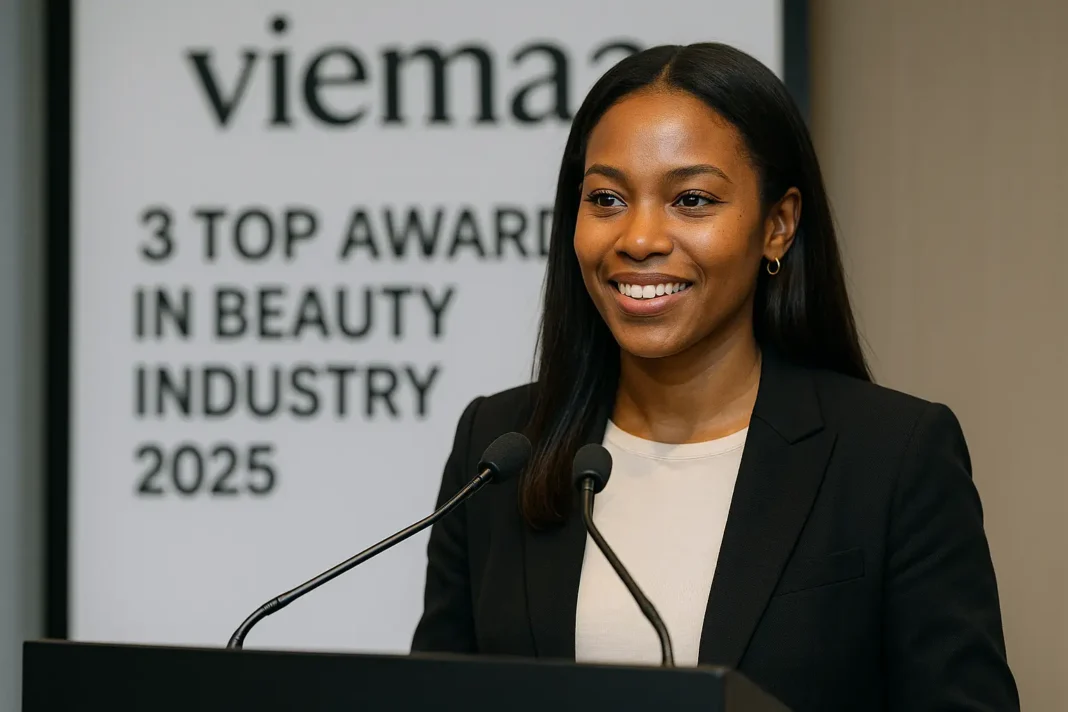 Speaking at the Awards Ceremony Black woman speaking at beauty industry event podium, editorial representation