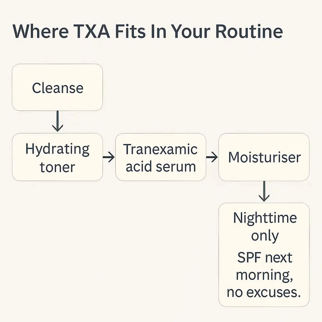 Flowchart showing where tranexamic acid fits in a nighttime skincare routine