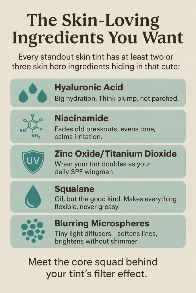 Infographic listing hyaluronic acid, niacinamide, zinc oxide, squalane, and blurring microspheres as key skin-loving ingredients in a skin tint.