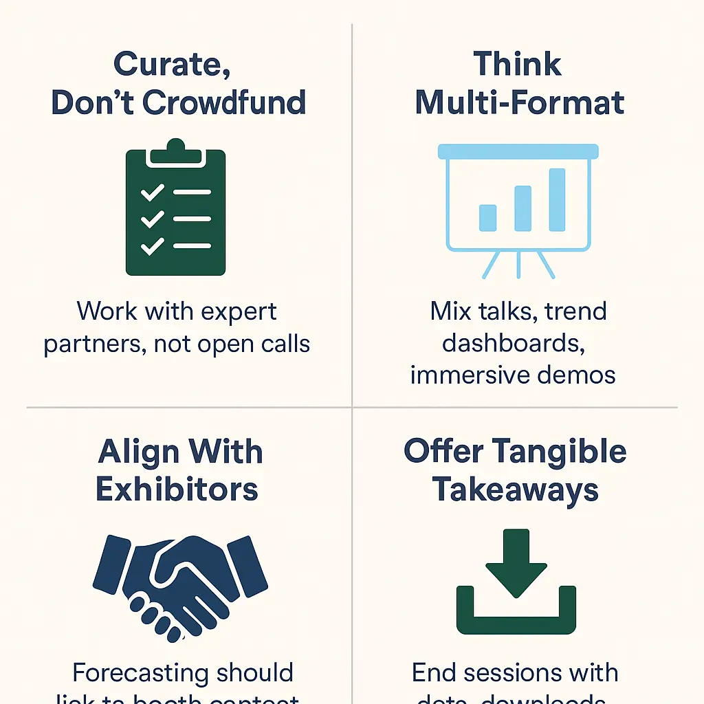 Infographic showing four strategies to improve trend forecasting sessions: curate content, use multi-format delivery, align with exhibitors, and offer tangible takeaways 