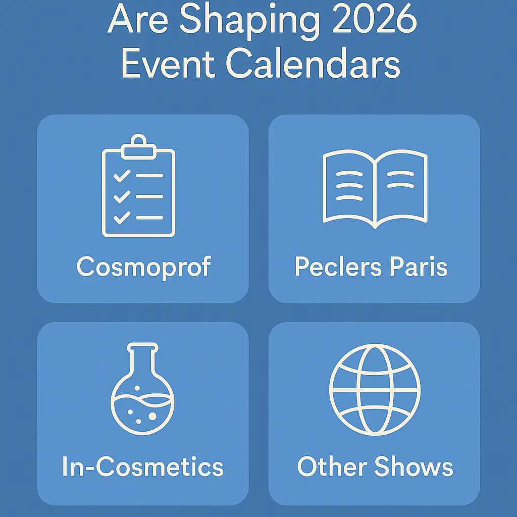 Infographic showing how trend forecasting sessions are shaping 2026 beauty event calendars, featuring Cosmoprof, Peclers Paris, In-Cosmetics, and other shows with icons Infographic showing how trend forecasting sessions are shaping 2026 beauty event calendars, featuring Cosmoprof, Peclers Paris, In-Cosmetics, and other shows with icons 