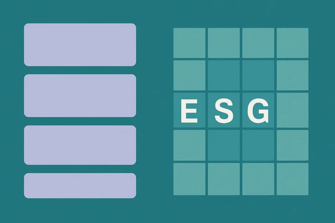 Minimal ESG concept graphic Minimal ESG concept graphic with green-blue grid and lilac blocks representing sustainability indexes